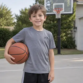 A child holding a basketball, both at correct relative sizes