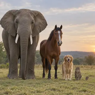 A group photo of an elephant, a horse, a dog, a cat, and a m