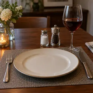 A dinner table scene with a plate, fork, knife, wine glass, 