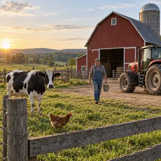 A farm scene with a barn, tractor, farmer, cow, chicken, and