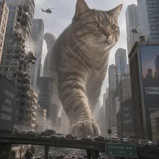 A giant tabby cat walking between city skyscrapers like a ka