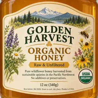 A product label for 'GOLDEN HARVEST ORGANIC HONEY' with subt