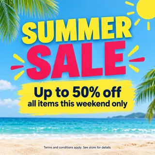A poster with headline 'SUMMER SALE' in large bold text, bod