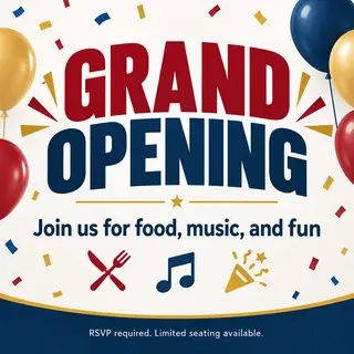 A flyer with large title 'GRAND OPENING', subtitle 'Join us 
