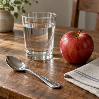 A still life on a wooden table featuring a clear glass of wa