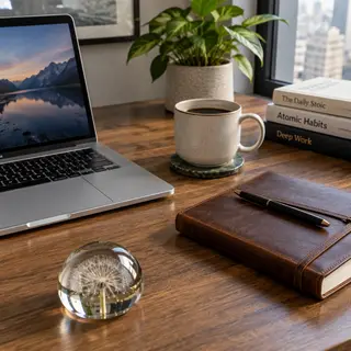 A workspace desk with a brushed aluminum laptop, a leather-b