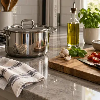 A kitchen counter with a stainless steel pot, a wooden cutti