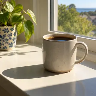 A coffee mug on a sunny windowsill casting a sharp shadow to