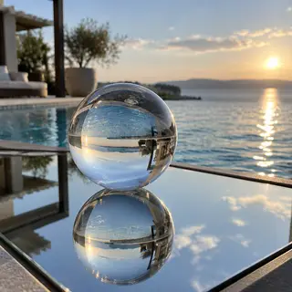 A clear glass sphere sitting on a mirror surface near a pool