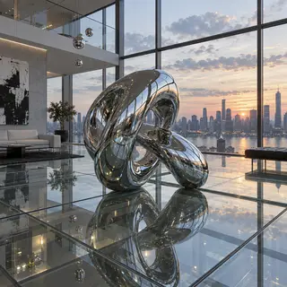 A chrome sculpture in a room with a glass floor and large wi