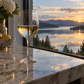 A crystal wine glass on a polished marble counter next to a 