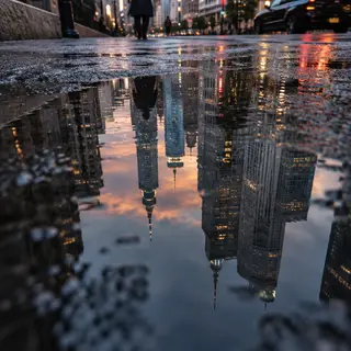 A city skyline reflected in a rain puddle on a street, with 