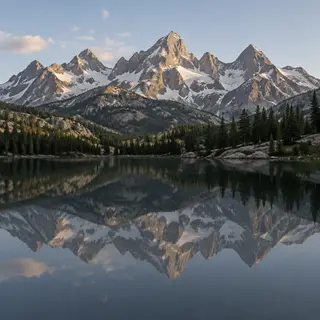 A mountain range reflected in a still alpine lake, with the 