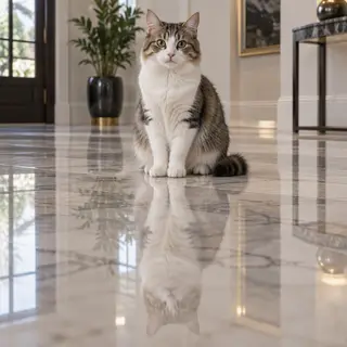 A cat sitting on a polished marble floor with its reflection