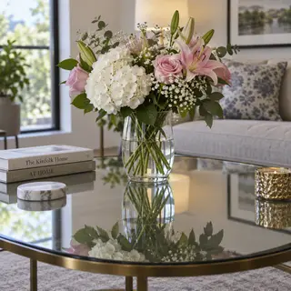 A vase of flowers on a glass table with a clear reflection v