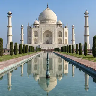 The Taj Mahal in Agra seen from the reflecting pool, with ac