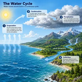 A detailed diagram of the water cycle showing evaporation fr