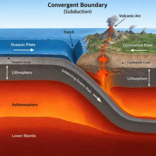 A cross-section showing tectonic plates at a convergent boun