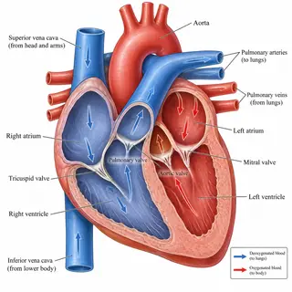 An anatomical illustration of the human heart showing four c