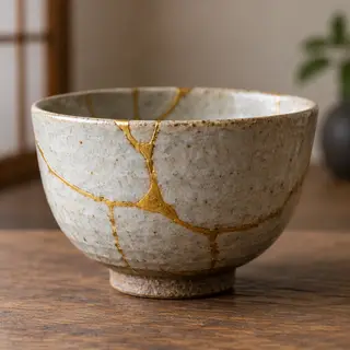 A Japanese kintsugi bowl — cracked ceramic repaired with vis