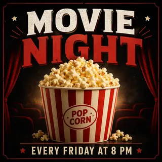 A movie night poster with a large popcorn image in the cente