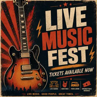 An event poster featuring a guitar illustration, the headlin