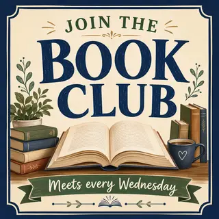 A book club poster with an open book illustration, the title