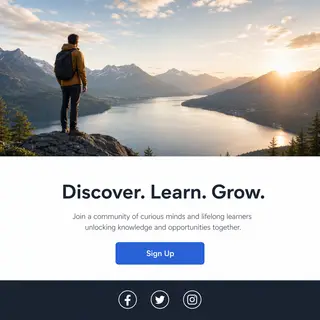 A landing page design with a hero header image at the top, a