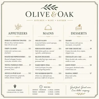 A restaurant menu layout with a logo header, three category 
