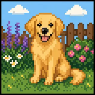 A golden retriever sitting in a garden, rendered in pixel ar