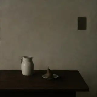 A still life painted in anxious minimalism — sparse composit