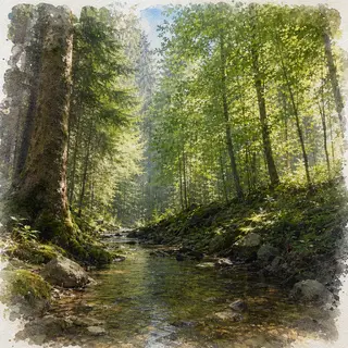 A forest rendered in photorealistic watercolor — the detail 