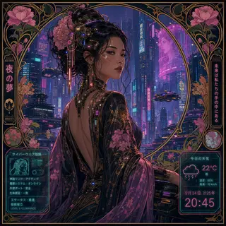 A woman in a futuristic city rendered in cyberpunk Art Nouve