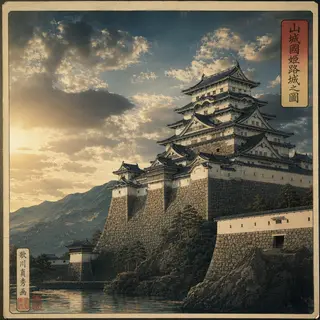 A medieval castle depicted in Japanese ukiyo-e woodblock pri