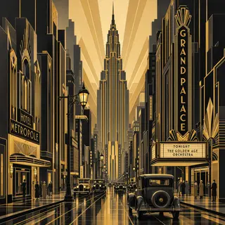A city street scene in the style of Art Deco — geometric sha
