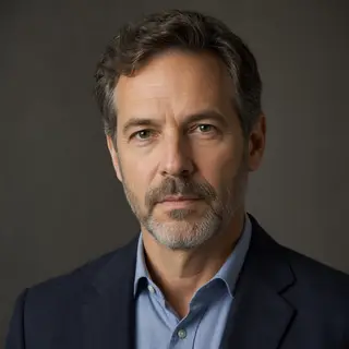 A portrait of a middle-aged man with a calm, serious express