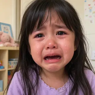 A 5-year-old child with round cheeks and large eyes, crying 
