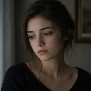 A face showing quiet melancholy — downcast eyes, slightly dr