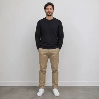 A man standing straight facing the camera, hands in pockets,