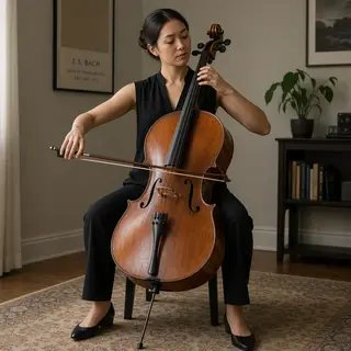 A cellist seated with correct posture, legs around the instr