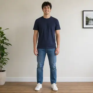 A person standing with both hands visible at their sides, fi