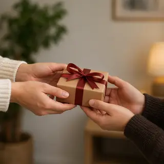 One person handing a small gift box to another person, both 