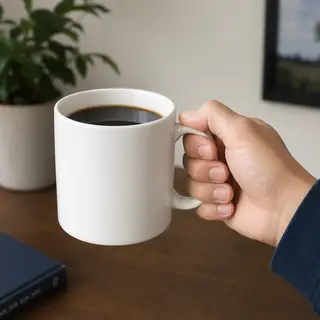 A person holding a white ceramic coffee mug by the handle wi