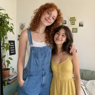 Two friends posing: one tall with curly red hair in denim ov