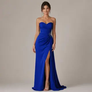 A woman wearing a royal blue evening dress against a neutral