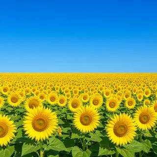 A field of pure sunflower yellow flowers under a clear blue 