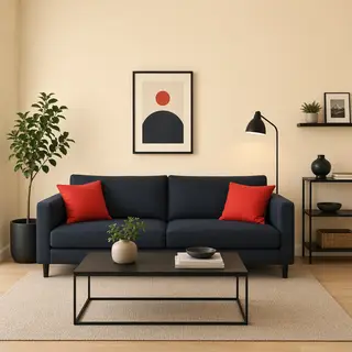 A minimalist room with walls in #F5E6CC (warm cream), a sofa