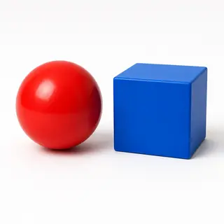 A red ball and a blue cube sitting side by side on a white s