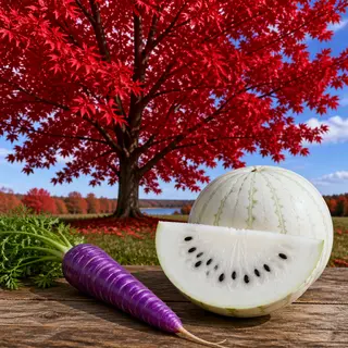 A purple carrot, a red tree with red leaves, and a white wat