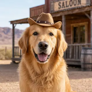 A golden retriever wearing a tiny cowboy hat